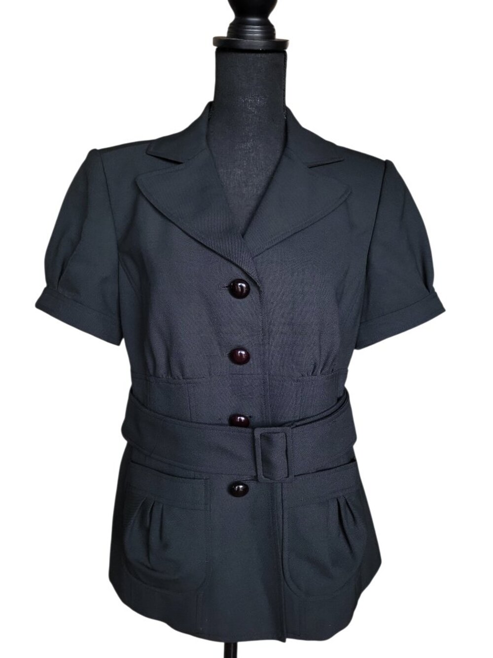 Anne Klein Black Belted Button Front Blazer Top Women's Size 10 - Picture 2 of 7